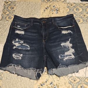 Judy Blue Dark Indigo Distressed Rolled Hem Jean Shorts